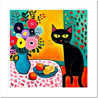 Still Life Painting with Black Cat and Flower Vase Posters and Art